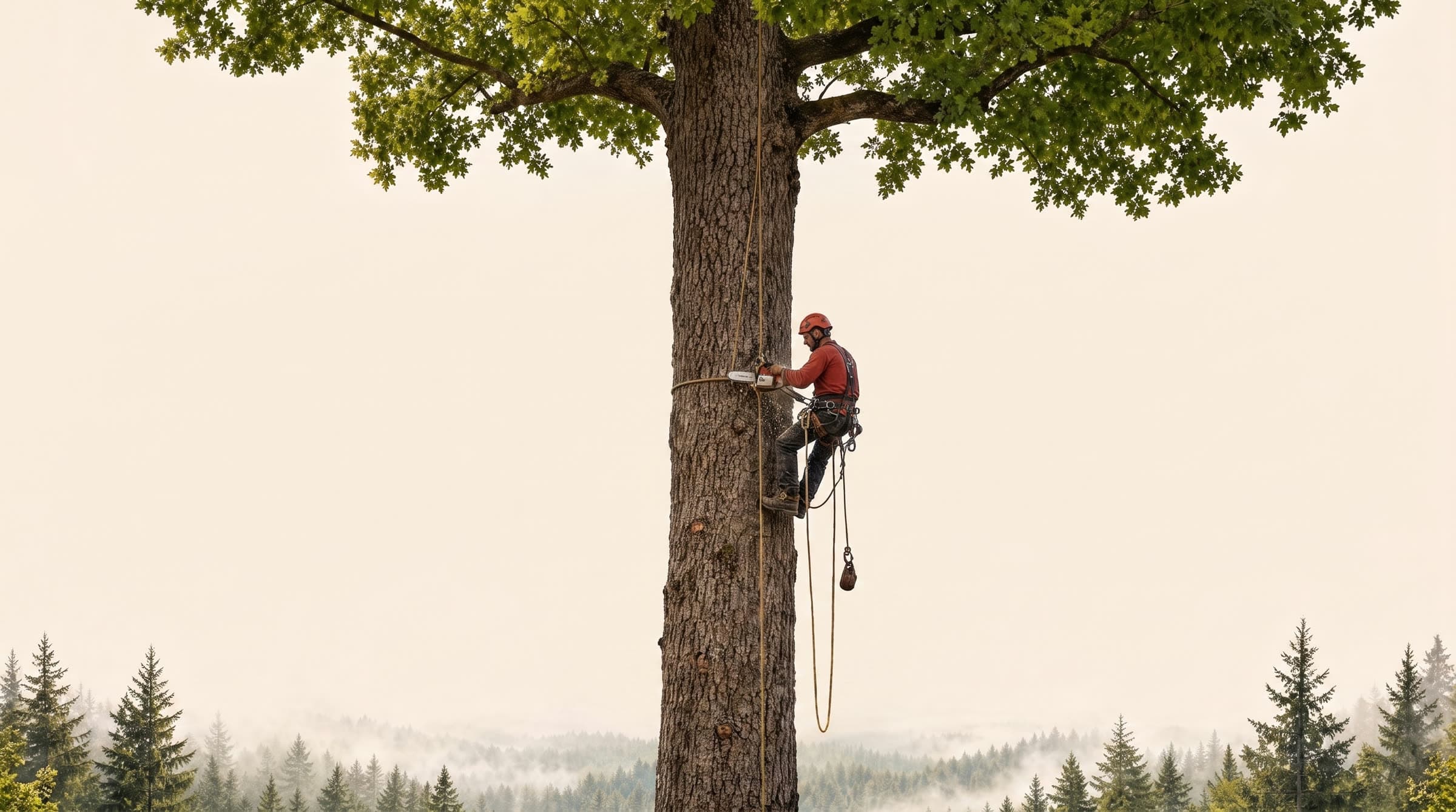 Arborist in a red helmet and harness rappelling down a tall oak trunk, misty pine forest below